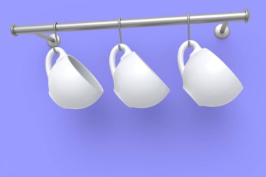 Cappuccino, americano, espresso, mocha, latte ve menekşe arkaplanlı kakao için seramik kahve fincanı. Geri dönüşüm ambalajı ve çöreğinde 3D konsept paket ve içecek.