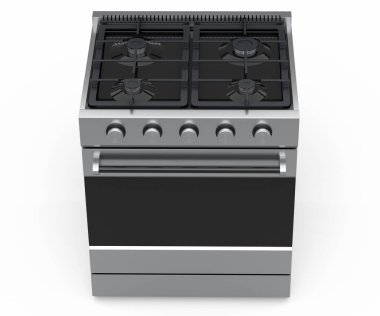 Mutfak elektrikli sobası ya da gaz ocağı. Beyaz arka planda izole edilmiş propan gazı alevleri. Yemek hazırlamak için 3D fırın, tencere içinde kaynar su ve mutfakta çaydanlık.