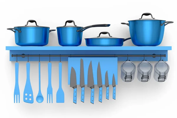 Set Kitchen Utensil Knives Stewpot Frying Pan Chrome Cookware Hanging — Stock Photo, Image