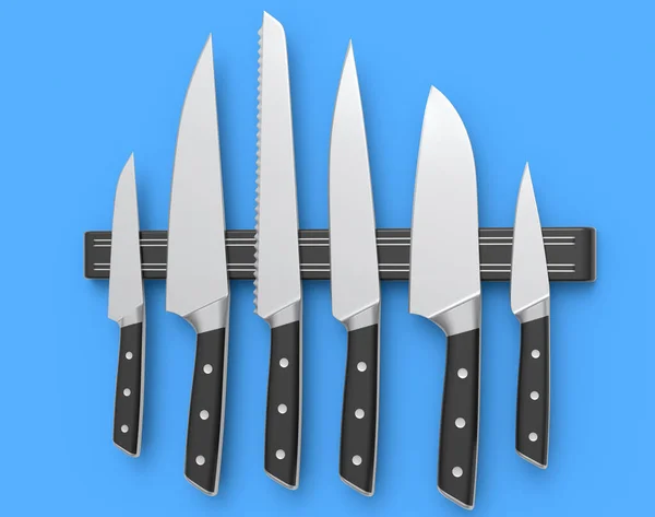Sada Kuchařských Kuchyňských Nožů Kuchyňského Nádobí Visící Polici Modrém Pozadí — Stock fotografie
