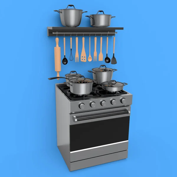 キッチン用品 シチューポット フライパンと青の背景に燃える炎と棚や電気やガスストーブの調理器にかかってクロム調理器具のセット 食品の調製と煮沸の3Dレンダリング — ストック写真