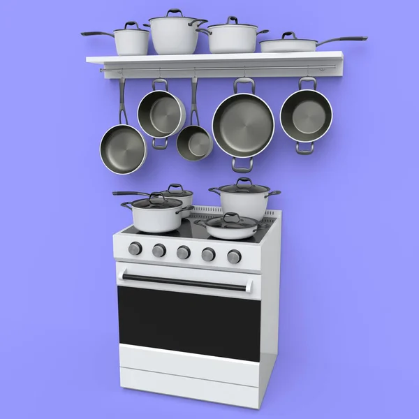 Комплект Кухонной Утвари Тушеная Кастрюля Сковородка Хромированная Посуда Висят Полке — стоковое фото