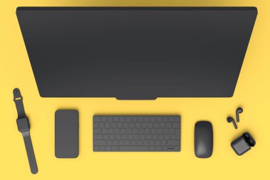 Masaüstü bilgisayarının üst görüntüsü klavye, fare, akıllı semer, telefon ve kulaklıklar sarı monokrom arka planda. Yaratıcı tasarım ekipmanı ve kompakt ev çalışma alanı konsepti