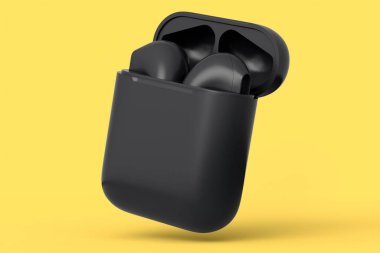 Kablosuz bluetooth kulaklıklar sarı monokrom arka planda izole olur diye. Müzik dinlemek ya da evden uzak çalışmak için 3 boyutlu aksesuar oluşturma