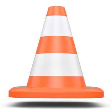 Beyaz arka planda inşaat halindeki yol çalışmaları için trafik konisi. 3d bakım konsepti ya da dikkat uyarı konisi