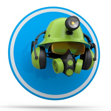 Mühendis miğferi gibi tamir ve montaj için bir takım giysi ve aletler. Kulaklıklar, solunum cihazı ve beyaz arka planda trafik işaretleri. 3D tesisatçı ya da tamirci servisi