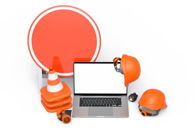 Güvenlik kaskı veya başlık seti, trafik konileri ve beyaz arka planda dizüstü bilgisayarın yanında yol çalışması için imza. Marangozluk araçları ile web sitesinin bakım altında 3d görüntülenmesi