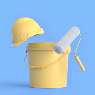 Set of safety helmet, bucket with paint rollers and brushes for painting walls on monochrome background. 3d render of renovation apartment concept and interior design