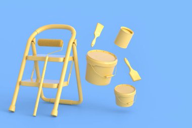 Set of metal cans or buckets with paint roller, brush and folding ladder for painting walls on monochrome background. 3d render of renovation apartment concept and interior design