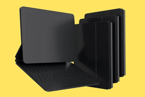 Klavyeli Boş Ekranlı Bilgisayar Tabletleri Sarı Monokrom Arka Planda Izole — Stok fotoğraf