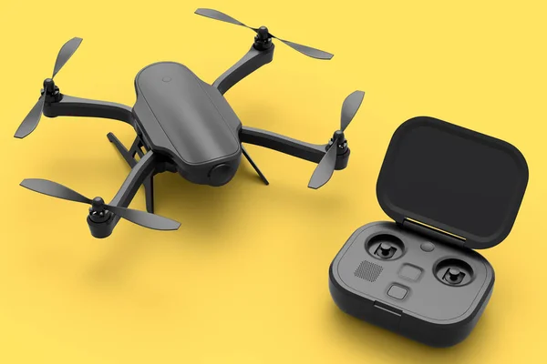 Photo and video drone or quad copter with action camera and remote on yellow monochrome background. 3D render of device for delivery or aerial photography