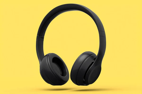 专业游戏耳机隔离在黄色单色背景 过度耳机的3D渲染和音乐设备的概念 — 图库照片