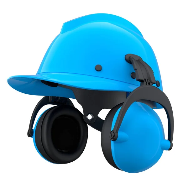 蓝色安全帽或硬帽子和耳机围巾隔离在白色背景 头盔和手工工具的3D渲染和说明 — 图库照片