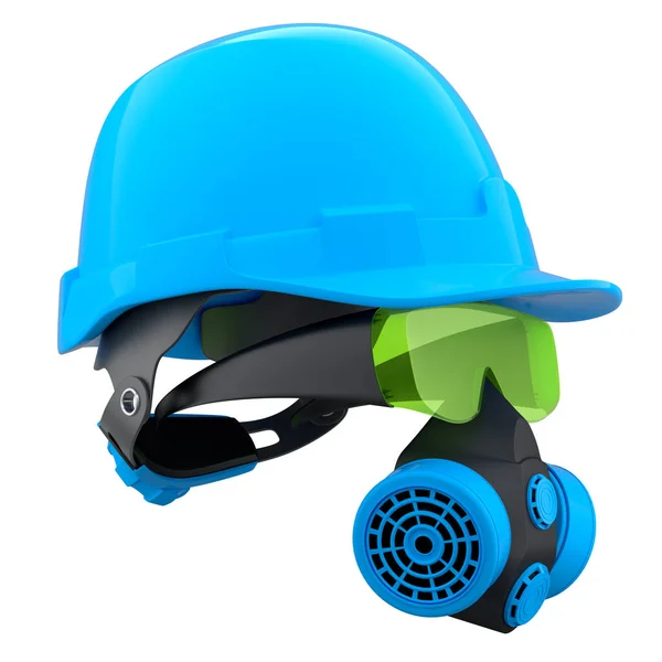 一套用于修理和安装的结构磨损和工具 如头盔 白色背景的防护眼镜和呼吸器 房屋水管工服务横幅3D渲染及图解 — 图库照片