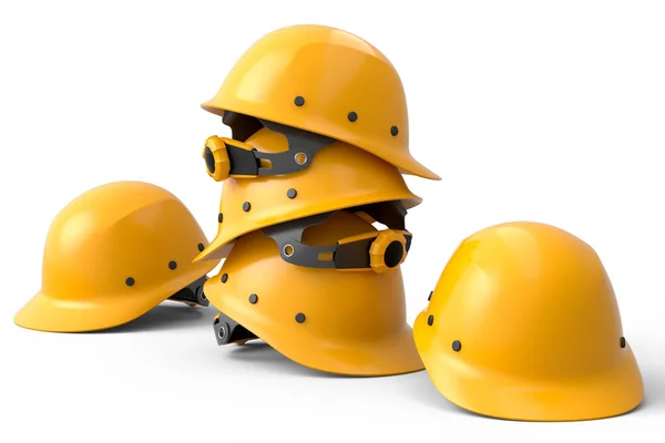 白色背景的安全头盔或硬帽子堆放在一起 木工或劳动头饰工具三维渲染及图解 — 图库照片