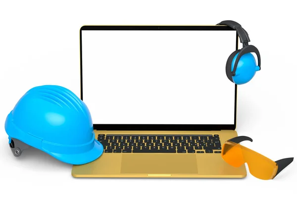 Set of safety helmets or hard caps, headphones and laptop for carpentry work on white background. 3d render and illustration of tool for carpentry work or labor headwear