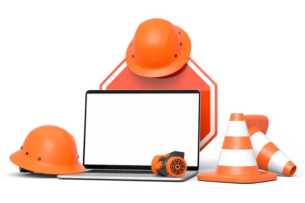 安全ヘルメットやハード帽子や交通コーンのセット 白い背景に建設道路工事中の道路標識 大工道具やラップトップでメンテナンス中のウェブサイトの3Dレンダリングのキャンセル — ストック写真