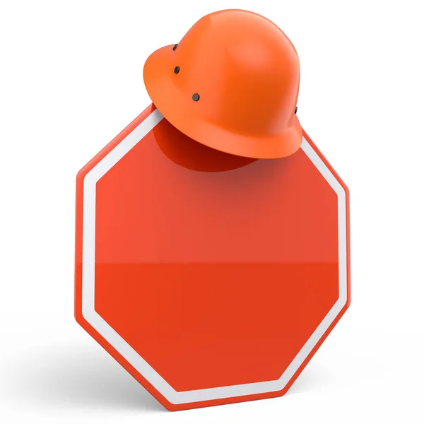 道路交通标志上的安全帽或硬礼帽 白色背景隔离 工业工人和杂工头盔制造工具3D渲染 — 图库照片