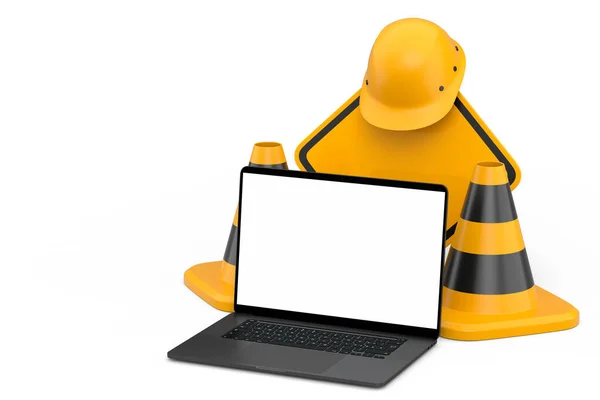 一套安全帽或硬礼帽 公路交通锥形标志 以及白色背景的笔记本电脑附近正在施工的公路工程的标志 3D使用木工工具对网站进行维护 — 图库照片
