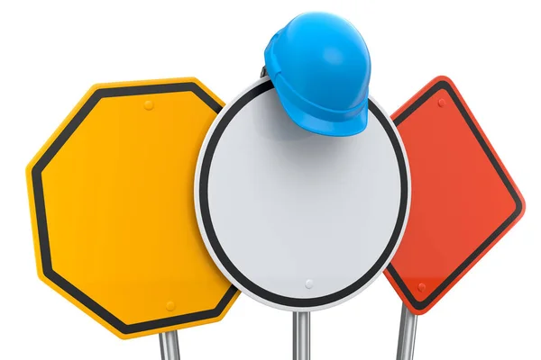 路标上的一组安全帽或硬礼帽 白色背景隔离 三维模拟街道交通标志模板 — 图库照片