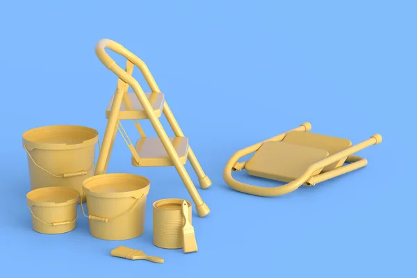 Set Metal Cans Buckets Paint Roller Brush Folding Ladder Painting — Foto de Stock