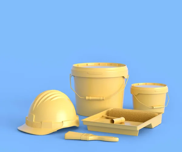 Set Safety Helmet Bucket Paint Rollers Brushes Painting Walls Monochrome — Foto Stock