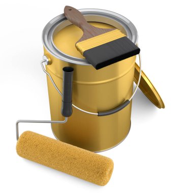 Beyaz arka plandaki duvarları boyamak için boya silindirli metal teneke kutu ya da kovaları açın. 3D yenileme konsepti ve DIY onarımı