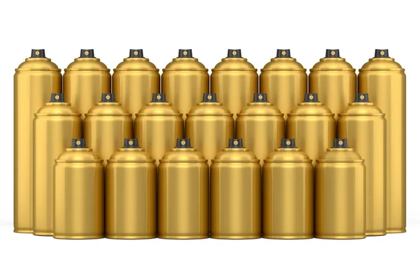 Set Gold Spray Paint Cans Row White Background Render Spray — Stock Photo, Image