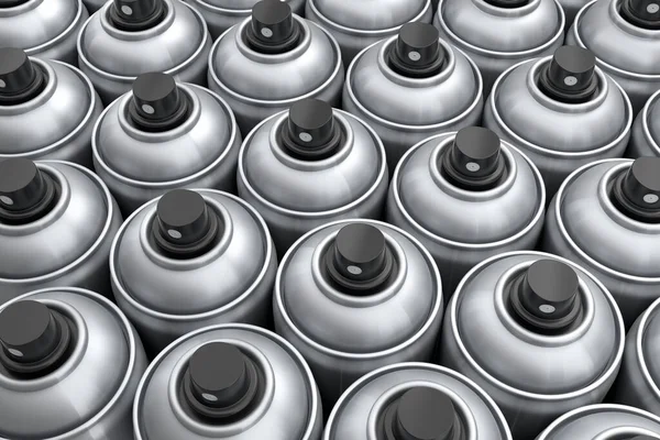 Uppsättning Silver Sprayfärg Burkar Rad Vit Bakgrund Render Sprayfärg Flaska — Stockfoto