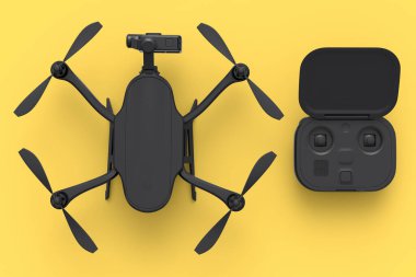 Kamera ve uzaktan kumandalı sarı monokrom arka planlı fotoğraf ve video drone ya da dörtlü helikopter. Dağıtım ya da hava fotoğrafçılığı için 3B aygıt hazırlayıcı