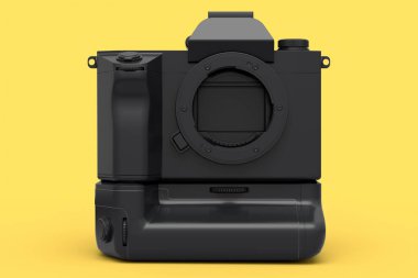 Sarı tek renkli arka planda izole edilmiş altın renkli DSLR kamera kavramı. Canlı yayın ve vloglama için profesyonel fotoğrafçılık teçhizatı 3D görüntüleme ve resimleme