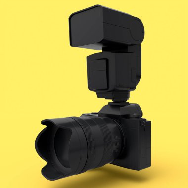 Sarı monokrom arka planda izole edilmiş lensli ve harici flaş ışığı olan var olmayan altın DSLR kamera kavramı. Canlı yayın ve vloglama için profesyonel fotoğrafçılık teçhizatı 3D görüntüleme