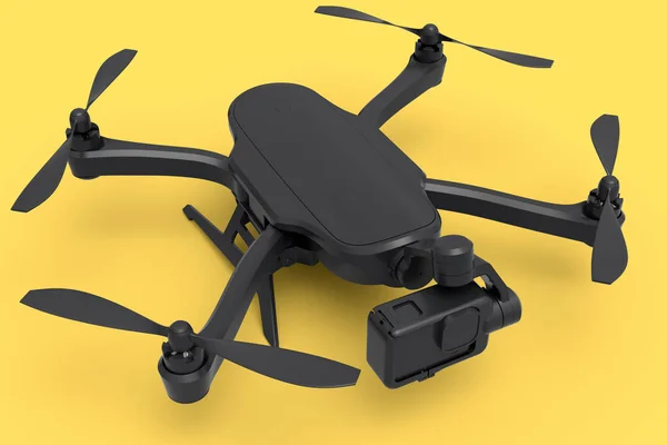 Flying photo and video drone or quadcopter with action camera isolated on yellow monochrome background. 3D render of device for delivery or aerial photography