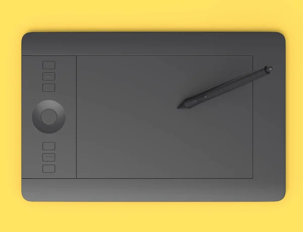 일러스트레이터 디자이너 작가들을 그래픽 태블릿 노란색 모노크롬 배경에서 분리되었다 — 스톡 사진