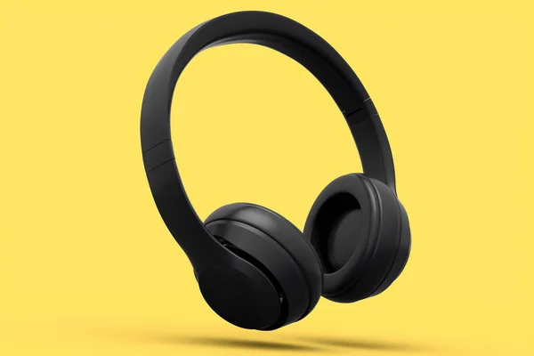 专业游戏耳机隔离在黄色单色背景 过度耳机的3D渲染和音乐设备的概念 — 图库照片