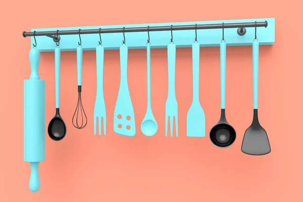 Набір Кухонного Посуду Приготування Тіста Висить Полиці Рожевому Фоні Тривимірний — стокове фото