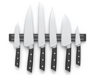 Mutfak bıçakları ve mutfak aletleri beyaz arka planda rafta asılı duruyor. Aşçılık, harmanlama ve karıştırma için 3D pişirme süreci adım adım ve aksesuarları