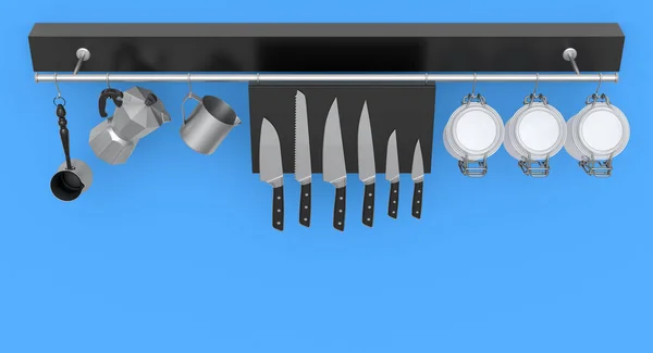 キッチン用品 ナイフ シチューポット フライパン 青の背景に棚にかかっているクロム調理器具のセット 3Dレンダリング調理プロセスステップごとにステップと調理 ブレンドと混合のためのアクセサリー — ストック写真