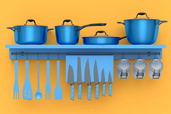 キッチン用品 ナイフ シチューポット フライパン オレンジの背景に棚にかかっているクロム調理器具のセット 3Dレンダリング調理プロセスステップごとにステップと調理 ブレンドと混合のためのアクセサリー — ストック写真