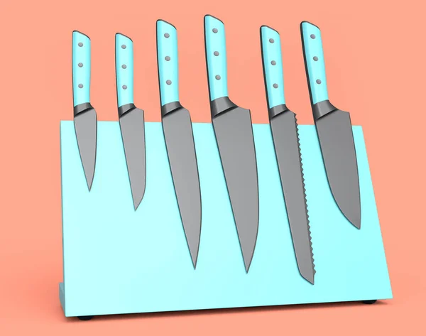 Набір Кухонних Ножів Шеф Кухаря Кухонного Посуду Висить Полиці Рожевому — стокове фото