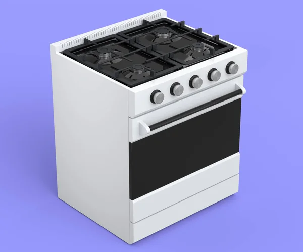 紫色の背景に隔離されたプロパンガスの燃焼炎とキッチン電気ストーブまたはガス調理器 台所の鍋ややかんで食べ物や沸騰水を準備するための3Dレンダリング炉 — ストック写真
