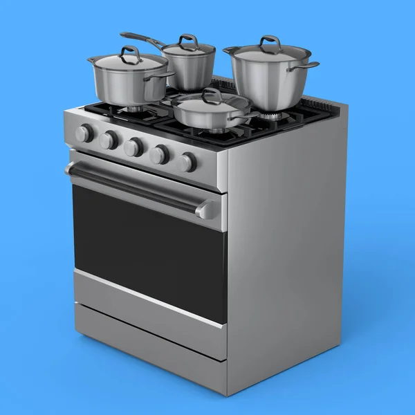 배경에 불이붙은 전기나 스토브 요리사에 뚜껑이 프라이팬 스토브 냄비를 준비하 — 스톡 사진