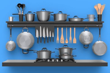 Mutfak gereçleri, güveç tenceresi, kızartma tavası ve krom tencereler rafta asılı ve elektrik veya gaz ocağı fırınında mavi arka planda yanan alevler. 3D yemek hazırlama ve kaynatma