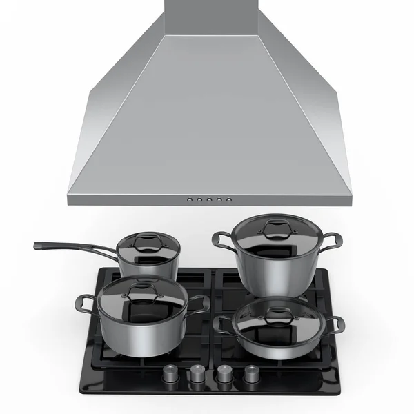 キッチン用品 フライパン 食器棚にかかっているクロム調理器具のセットと白を背景にフードの範囲で電気またはガスストーブの調理器 食品の調製と煮沸の3Dレンダリング — ストック写真