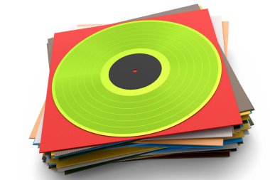 Black vinyl LP record with heap of covers isolated on white background. 3d render of musical long play album disc 33 rpm
