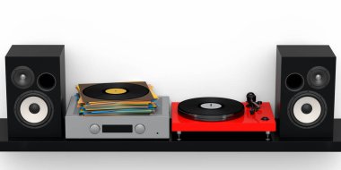 Hoparlörlü Hi-Fi hoparlörleri ve beyaz arka planda DJ pikabı. Ses kayıt stüdyosu için müzik kutusu ve vinil plak çalar gibi 3D ses ekipmanları oluştur