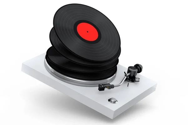 Vinyl Record Player Turntable Flying Vinyl Plate White Background Render — Zdjęcie stockowe