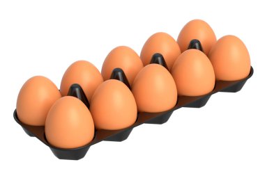 Plastik tepside çiğ organik yumurta ya da beyaz arka planda kağıt karton. Omlet için 3 boyutlu taze tavuk yumurtası ya da sabah kahvaltısı için çırpılmış yumurta.