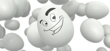 Uçan bir grup beyaz tavuk yumurtası. İfadeleri, komik suratı ve beyaz arka planda yumurtalardan oluşan bir kalabalık. Kutlama ve davetiye kartları için 3D paskalya yumurtası tasarımı