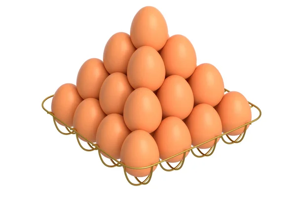 白い背景に金属トレイや紙の段ボールで生の有機茶色の卵をファーム 朝の朝食のためのオムレツやスクランブルエッグのための新鮮な鶏の卵の3Dレンダリング — ストック写真